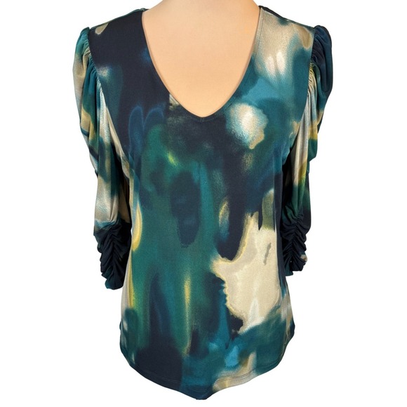 Calvin Klein Top Women's Medium Green Blue Abstract Ruched Sleeve Blouse Medium‎ - Picture 1 of 11